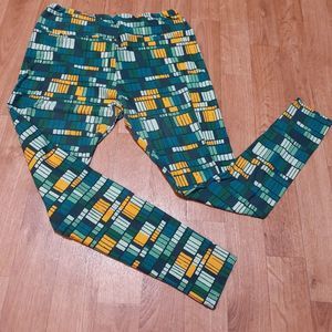 LuLaRoe Green & Yellow Rectangle TC Tall and Curvy Leggings GUC